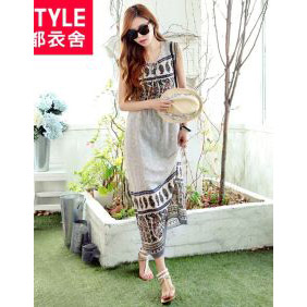 韩版2016夏装新款女装圆领印花图案连衣裙JZ3131